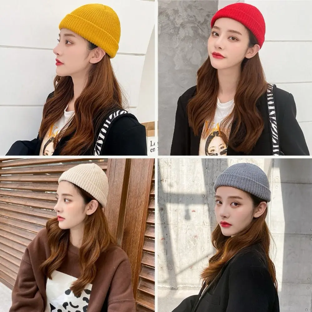 

Retro Korean Style Knitted Hats Short Warm Hip Hop Hat Flanged Skullcap Autumn and Winter