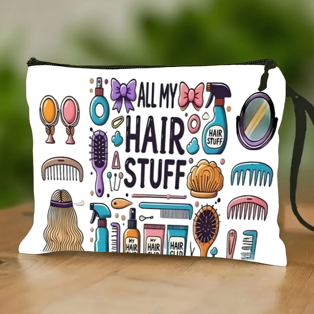 

Colorful Illustrated Cosmetic Travel Storage Bag Toiletry Organizer Featuring Designs of Combs Mirrors And Bow Icons for women