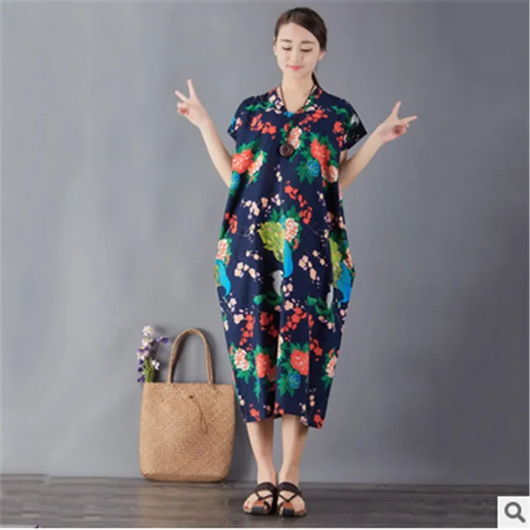 

Summer Retro Art V neck Cotton and Linen Loose Dress 01627