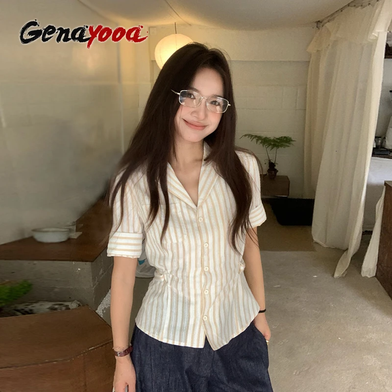 

Genayooa Japanese Y2k Striped Shirt Women Half Sleeve Slim Casual Shirt Korean Style Blouse And Shirt Streetwear Vintage Tops