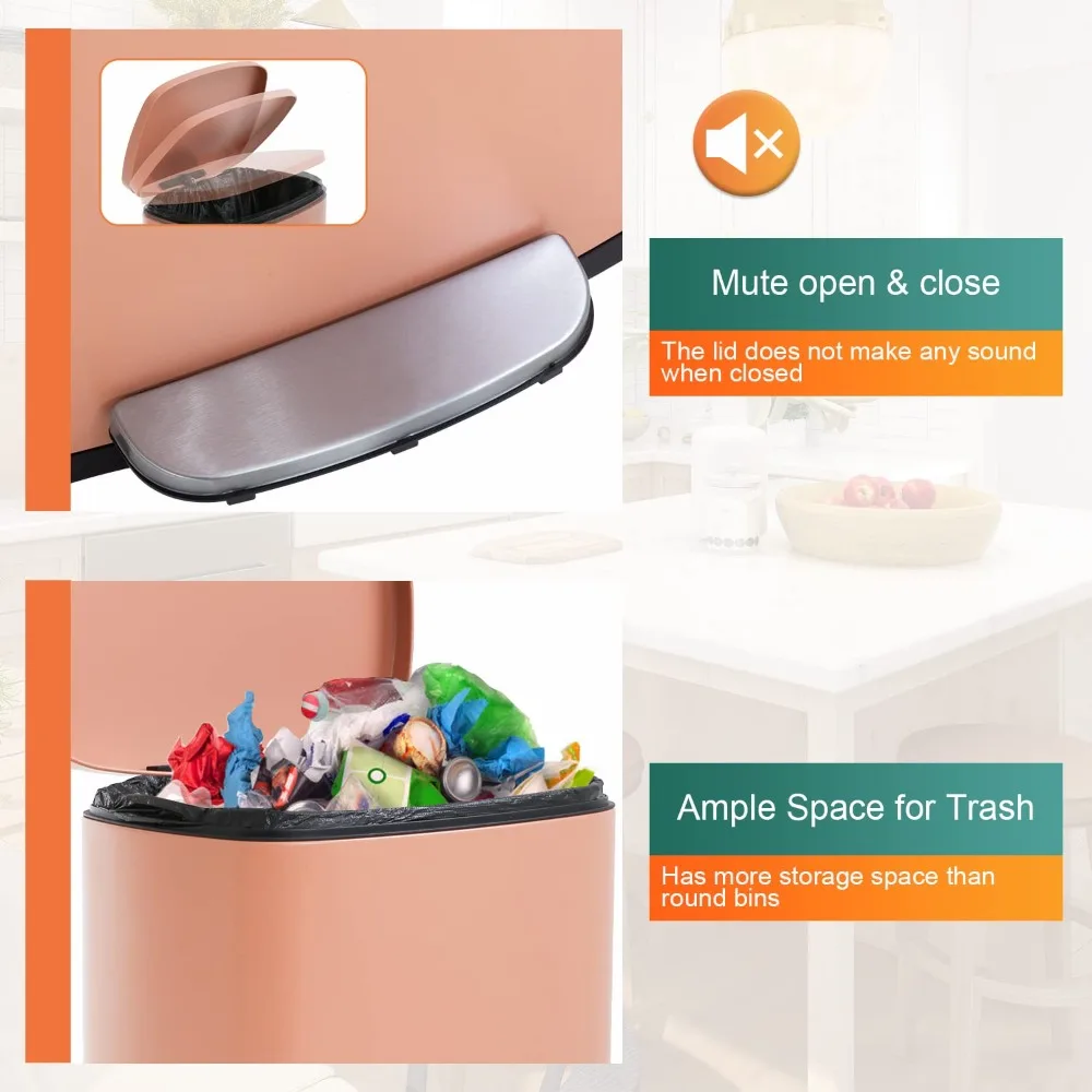 سلة مهملات مطبخ من الفولاذ المقاوم للصدأ مقاومة لبصمات الأصابع سعة 50 لترًا مع دلو قابل للإزالة وغطاء مفصلي #4