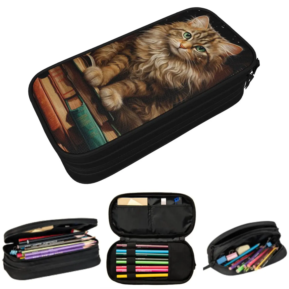 

Cute Cat On The Bookshelf Pencil Case for Kids Gifts Pen Box Pencil Bag Stationery Supplies Pen Holder Bag