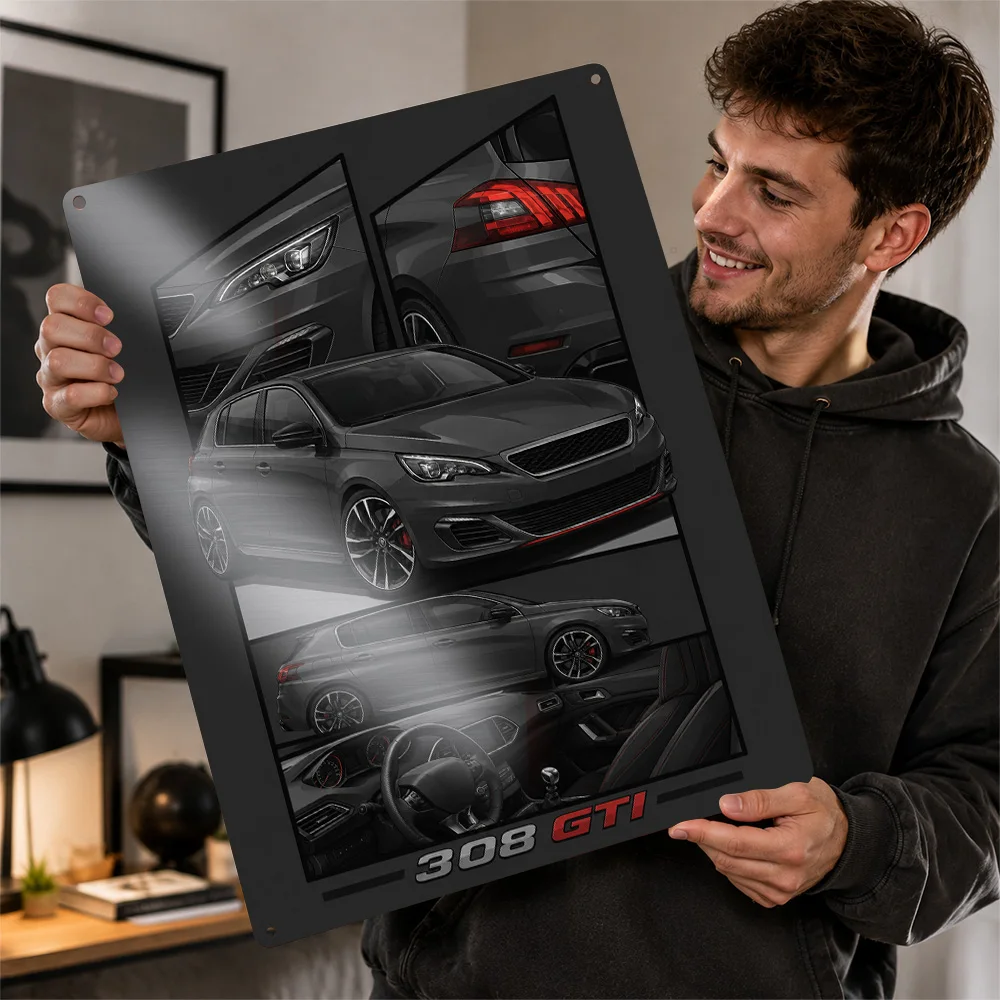 France 308 GTI Gray Sports Car Aluminum Poster Personalized Metal Sign Road Performance Legacy Wall Art Made For Garage Owners