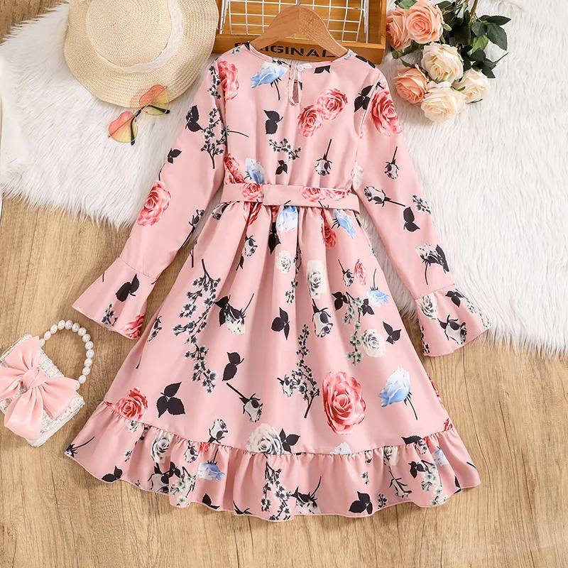 Spring Autumn New Dress Kids Girls 8-12 Years Pink Sweet Print Long-Sleeved Dress For Girls Casual Cute Vacation Princess Dress