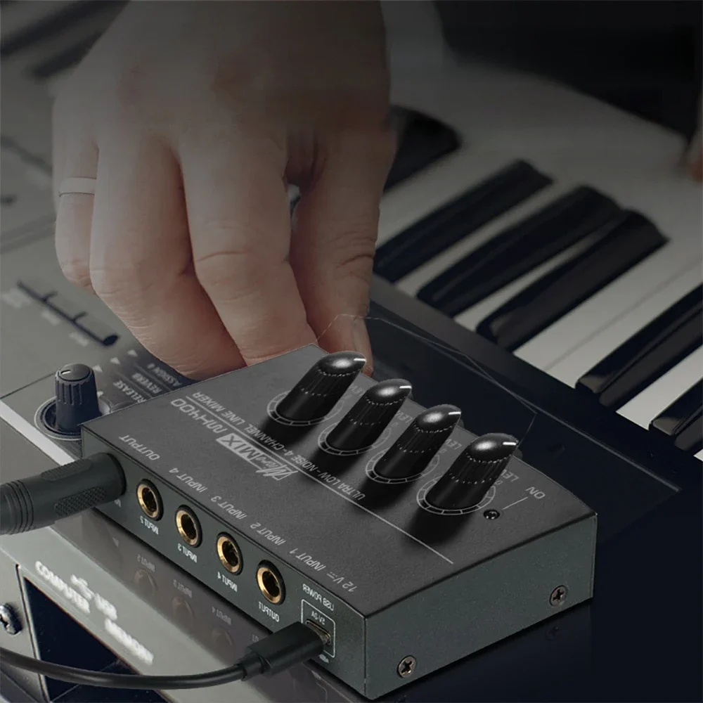 4 Channel Mini Sound Mixer Line Mixer DC 12V Easy Operation Audio Mixer Ultra Low Noise 4 Input 1 Output with Power Adapter