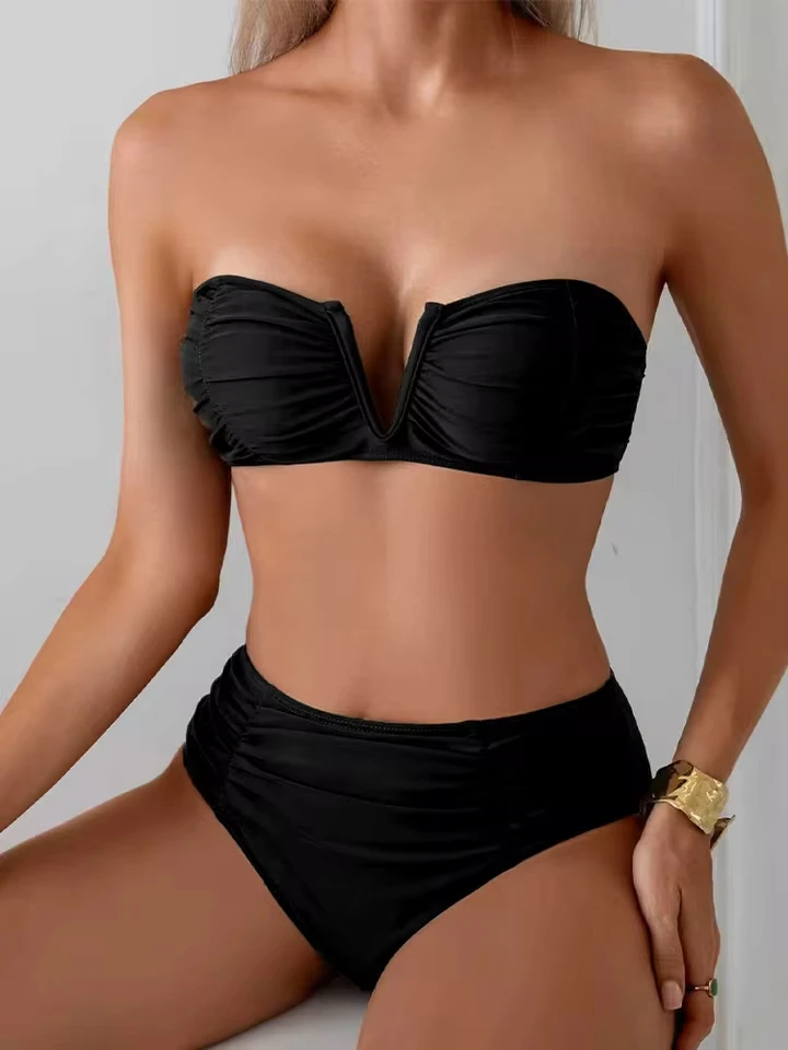 

Vzvn Sexy Solid Lace Up V Neck Bikinis Set Women Split Swimsuit Beach Bikini 2026 New All Season Backless Bikinis 2 Piece Set