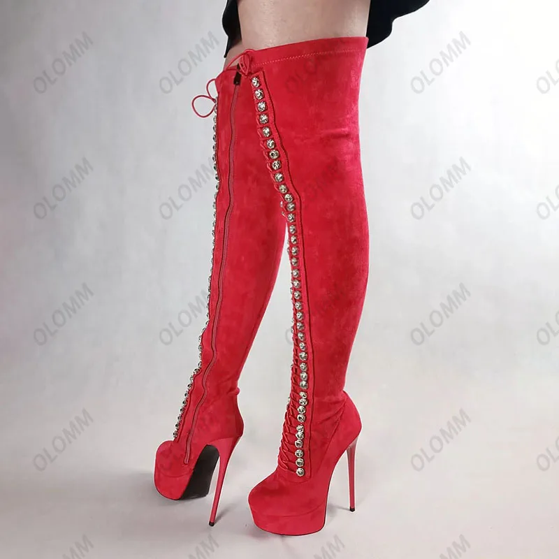 Olomm 2025 Women Winter Thigh High Boots Stiletto High Heels Round Toe Gorgeous Fuchsia Party Shoes Ladies Plus US Size 5-20