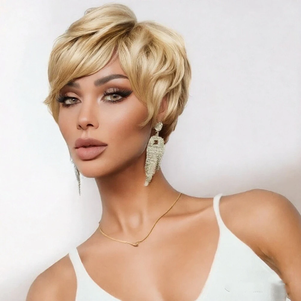 

Медовый блондин Цвет 6 дюймов 180% Плотность Базильский парик из волос Реми Короткие парики с стрижкой пикси Человеческие волосы Машинное производство Винтажные парики для женщин