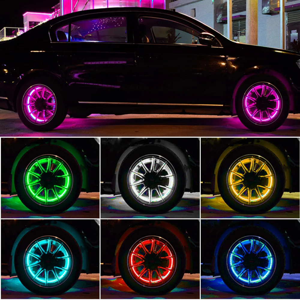 4PCS RGB Car Hub Lamp Flexible APP Remote RGB Control Neon Wheel Ring Strip Adjustable Ambient Rim Lights for Truck Offroad Jeep