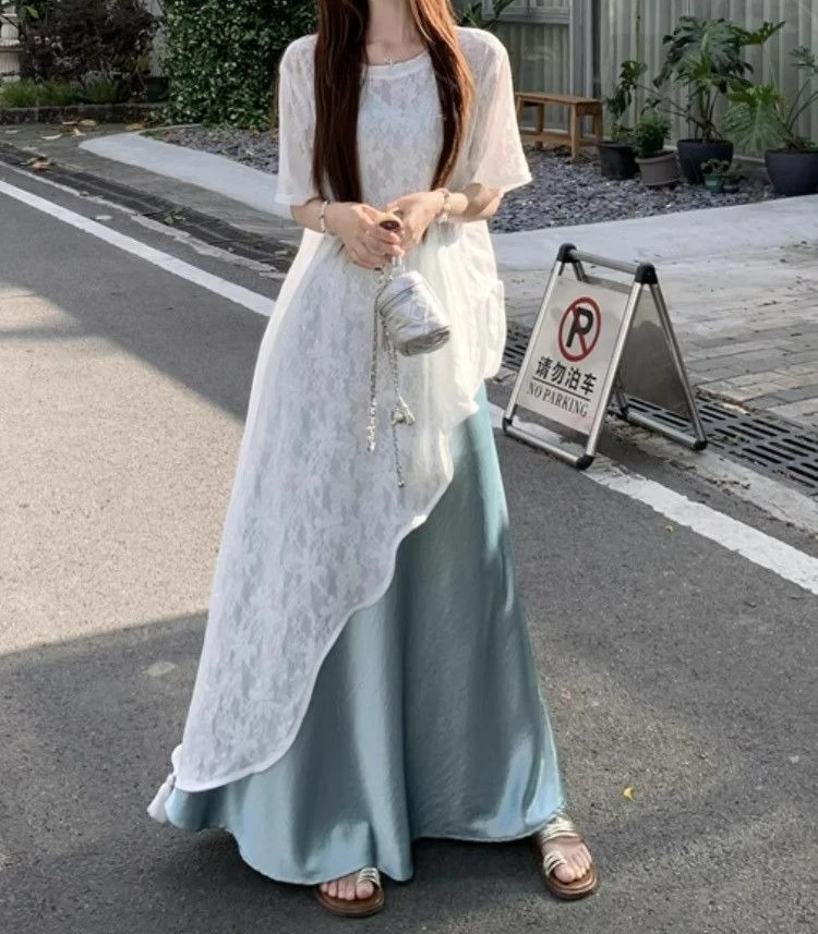 

Irregular Temperament A Complete Set of Summer Wear Stacked Lace Shirt Suspender Dress Two-piece Set