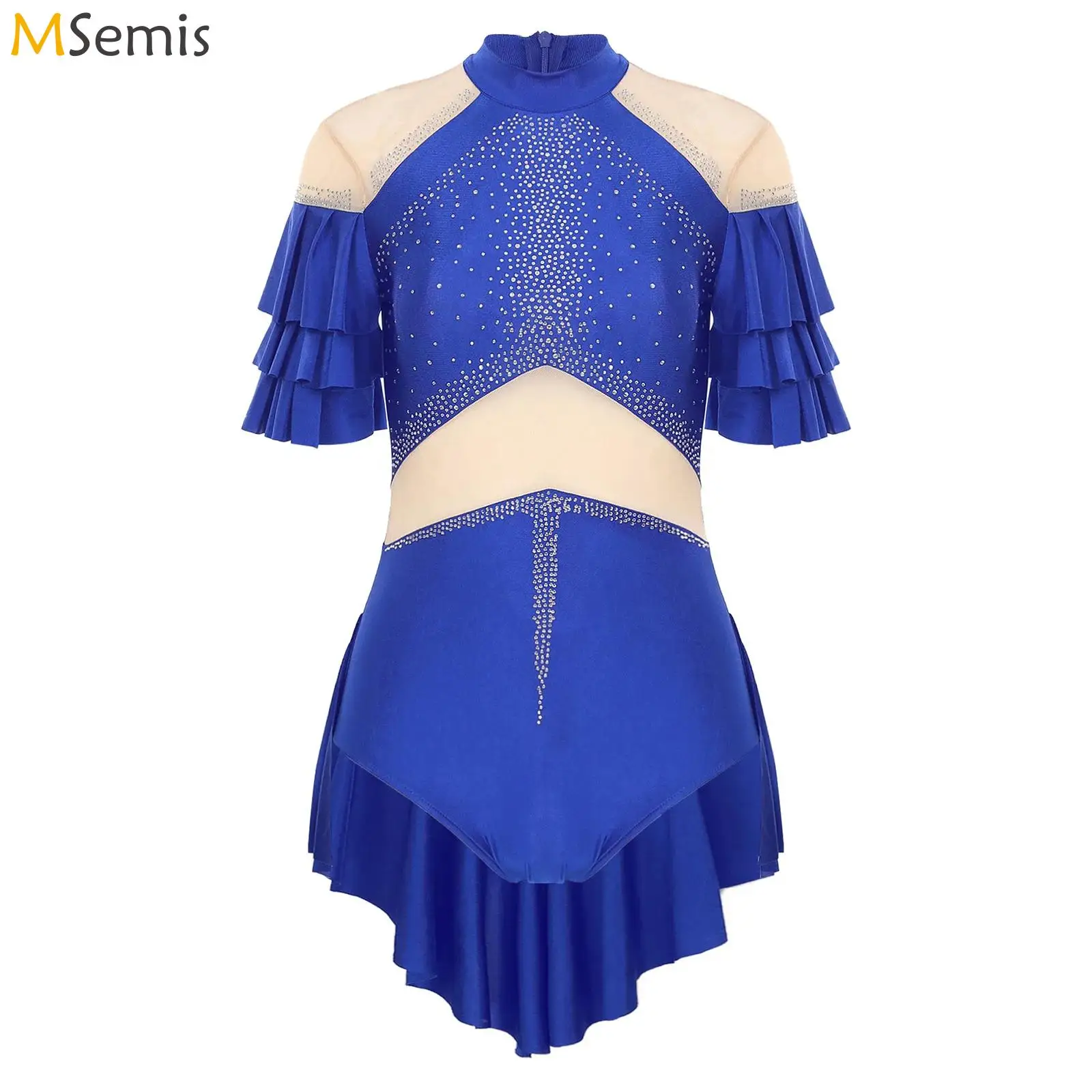 

Women's Rhinestones Jazz Dance Costume Ruffle Sleeves Stage Performance Costume Sheer Mesh Leotard Dress Latin Tango Dancewear