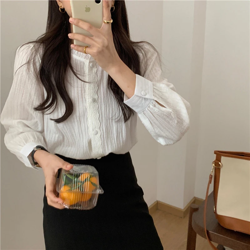 Early Autumn Long Sve Loose Inner irt Women's Korean Sle Fre Sweet Lace Splicing Pure Color irt Stand Collar Bubbl...