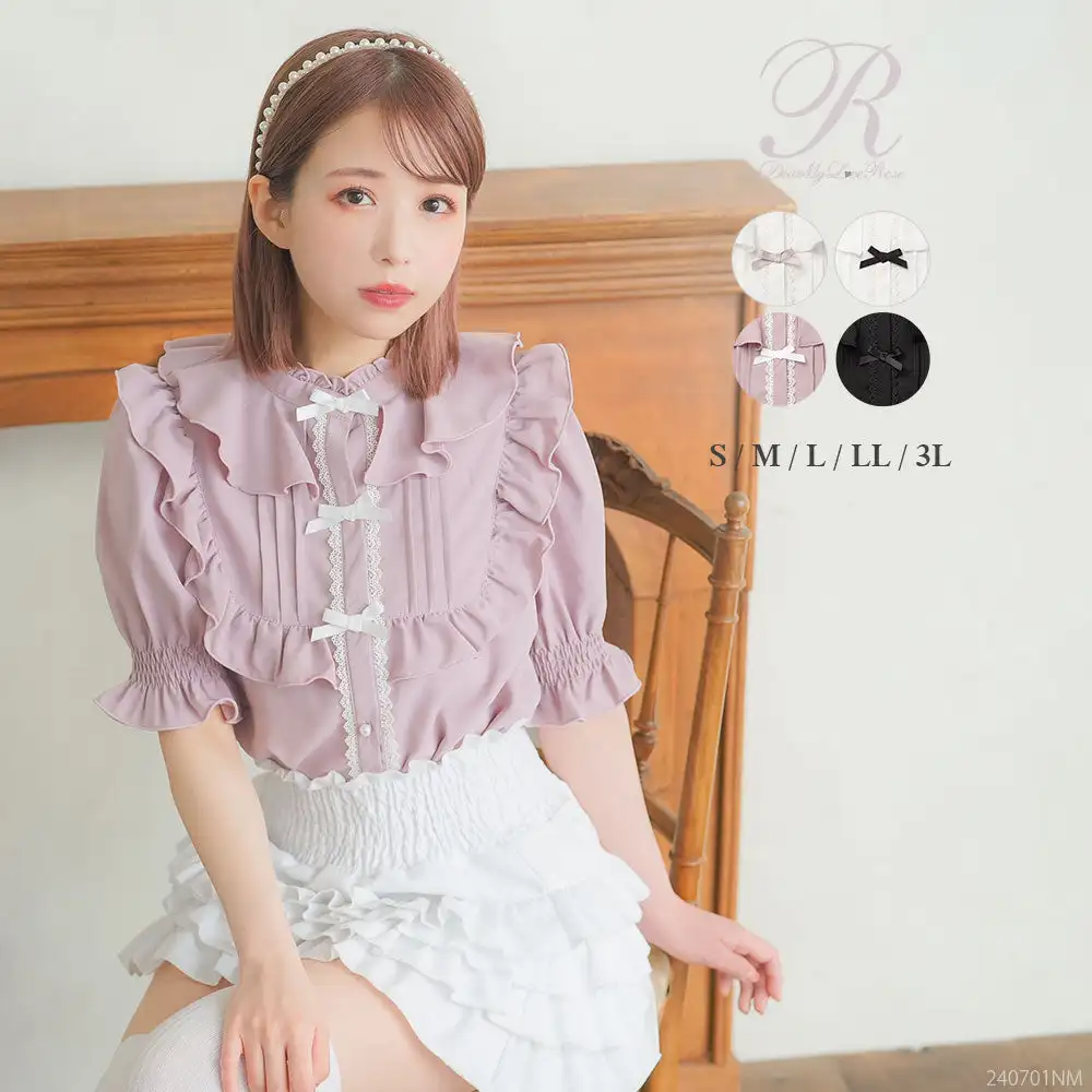 Japanese Style Exquisite Shirt women Solid Color Retro Heavy Industry Fungus Edge Bow Stand-up Collar Lolita Shirt Short Sleeve