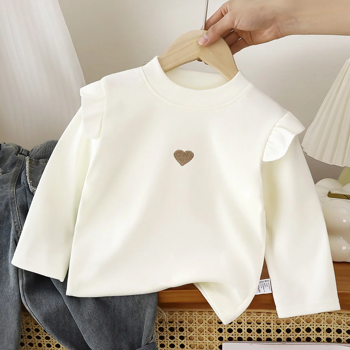 Children's Base Long Sleeve T Shirt New Autumn Spring Love Solid Color Baby Warm girls' Top Lace Shirt children's Clothing