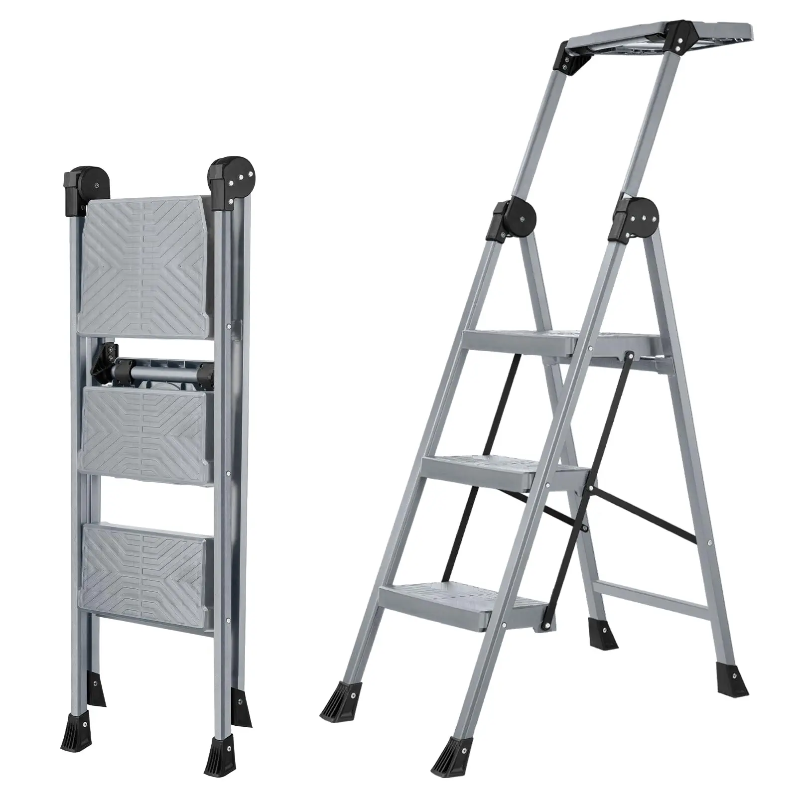 3 Step Ladder, Steel Stool with Foldable Handrail & Tool Tray