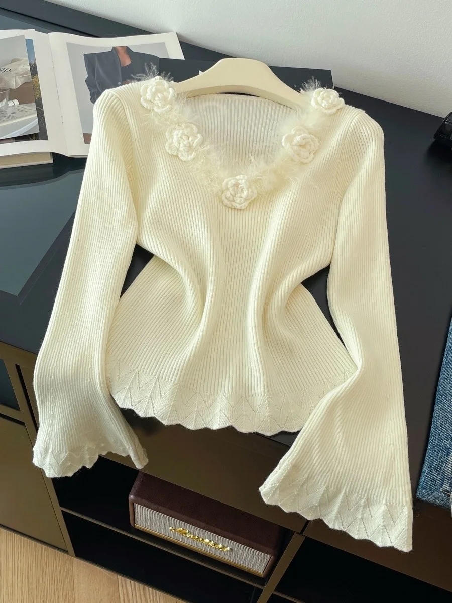 Flauschiges 3D-Blumen-Strickoberteil für Damen, V-Ausschnitt, schmale Passform, Bell Sve, warm, lässig, lang, Sve-Strickwaren für Herbst und Winter