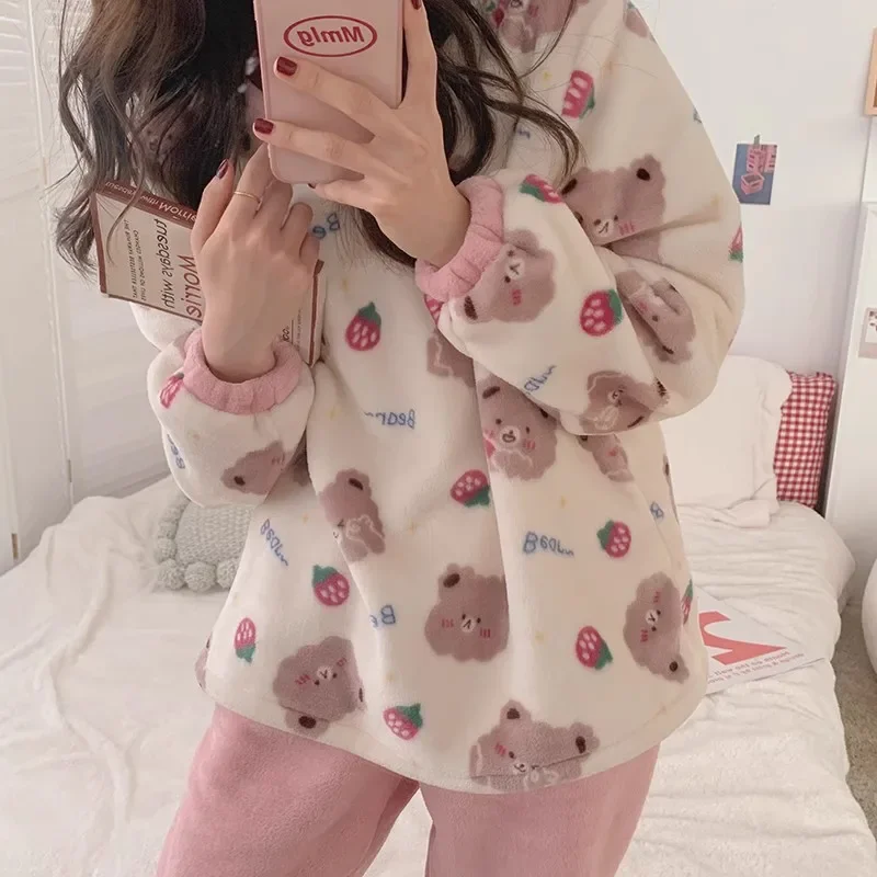 

Women Cartoon Bear Winter Flannel Pajamas Long Sleeve Velvet Warm Sleepwear Thickened Pajamas Coral Fleece Two-Piece Homewear