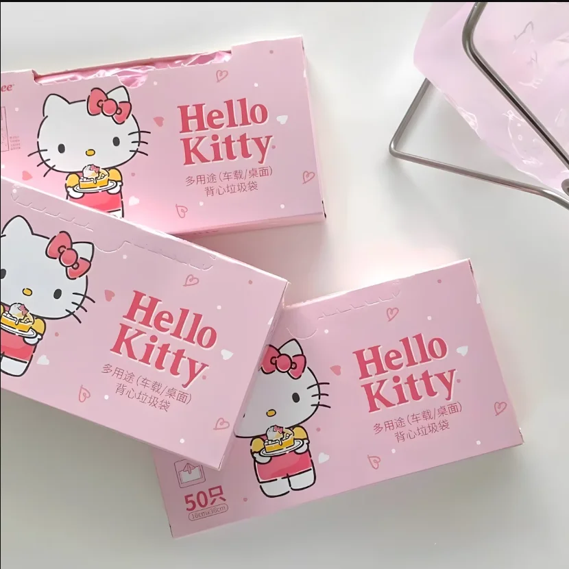 50pcs Sanrio Hello Kitty Pink Simple Garbage Bag Disposable Kitchen Plastic Bag Cute Portable Desk Car Garbage Storage Bag