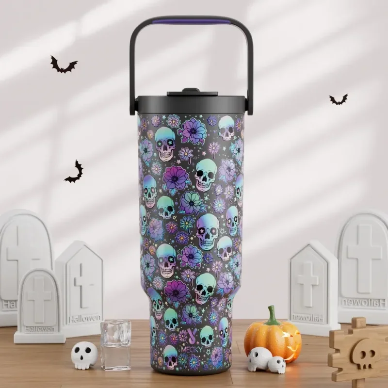 

Meoky 40oz 1182ml Handle Tumbler Insulated Vacuum Travel Car Mug Halloween Skulls Thermal Stainless Steel Coffee Milk Tea Cup