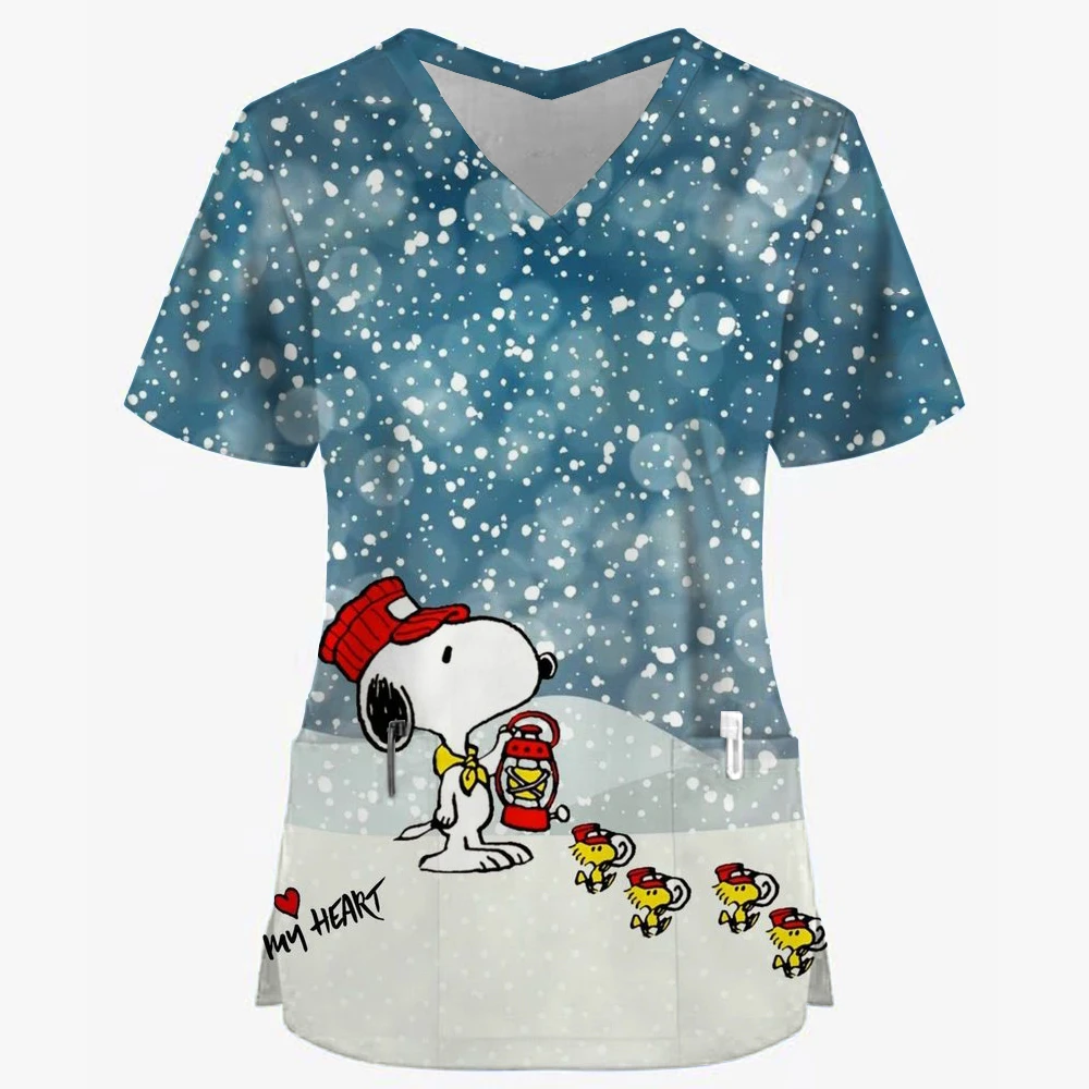 Pocket Women's T-shirt Women's V Neck Nurse Uniform T-Shirt Y2k Clothes Snoopy S-2XL Cheap Top New Hospital Woman Clothing 2024