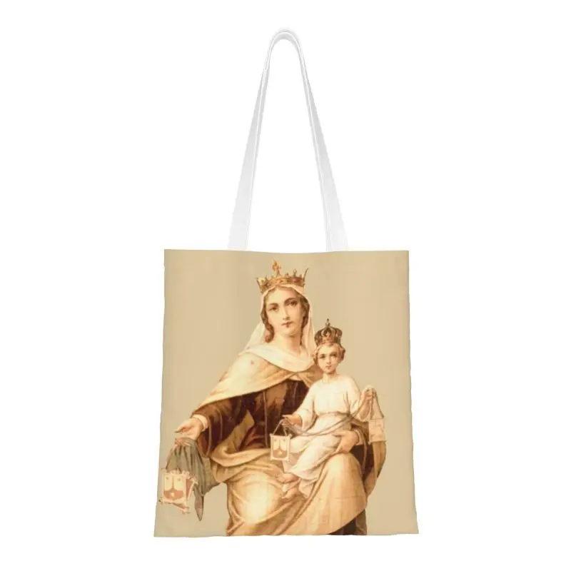 Bolso de compras portátil de lona, bolso de mano de hombro de Nuestra Señora de Mount Carmel, Rosario santo, oración cristiana