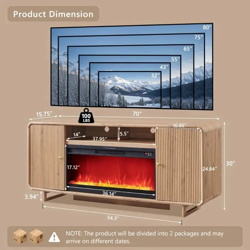 #Modern 70 Inch Fluted Fireplace TV Stand for 80 Inch TV, Wood Entertainment Center with 36