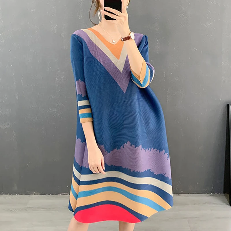 

Summer Fashion V-neck Printed Loose Casual Robe Femme 3/4 Sleeve Elegant Fashion Patchwork Irregular Folds Vestido Women's Dress