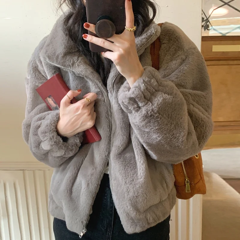 

Women Autumn Winter Thicken Warm Coat Stand Collar Loose Fur Plush Zipper Jacket Soft Comfortable Casual Simple Solid Outerwear