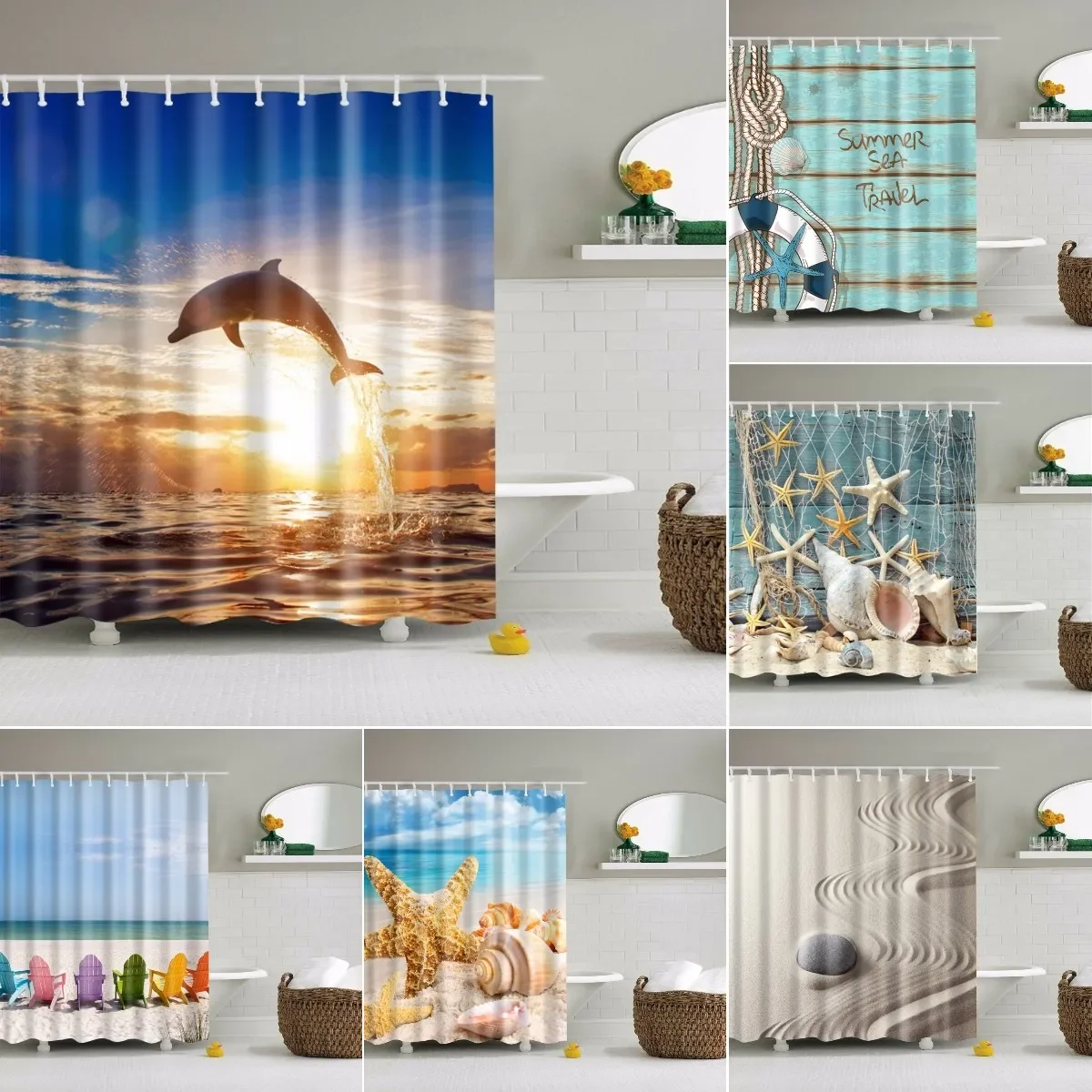 Seaside Scenic Beach Shells Dolphin Shower Curtain Bathroom Curtain Frabic Waterproof Polyester Bath Curtains for Bathroom