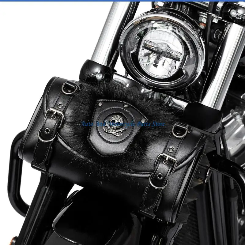 P9FD Waterproof Punk Themed Bike Handlebar Storage Pack PU Leather Front Mount Bag Suitable for Riding Gear Daily Commuting