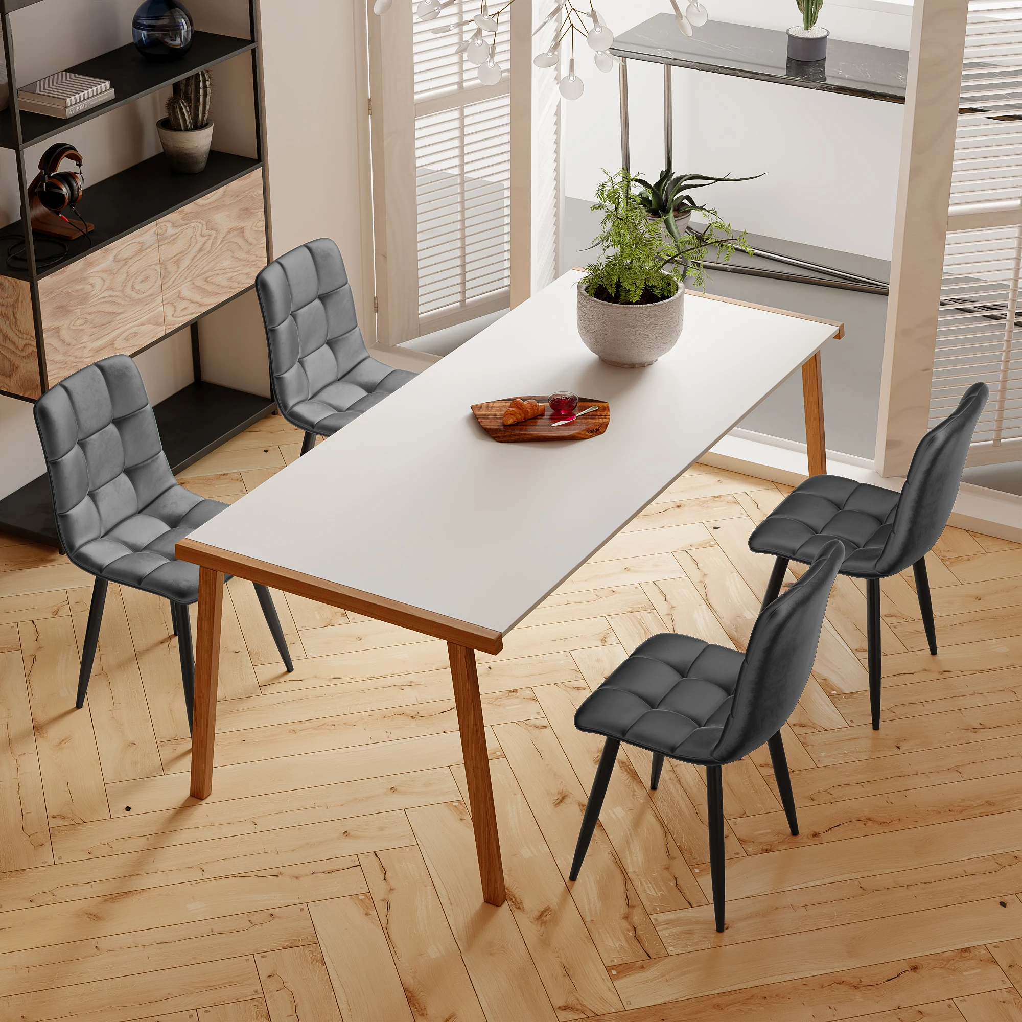 Rosahqnda Esszimmerstühle, Set of 4, gepolsterte Designer-Stühle mit Rückenlehne, Sitzfläche aus Velvet/Linen und Metallgestell – Detail 20