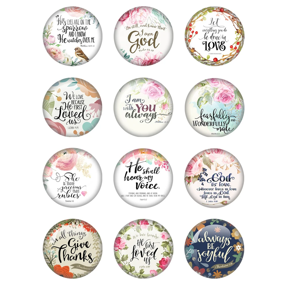 Watercolor Flower Bible Verse Patterns 12pcs 12mm-40mm Round Photo Glass Flat Back Making Findings Jewelry Findings