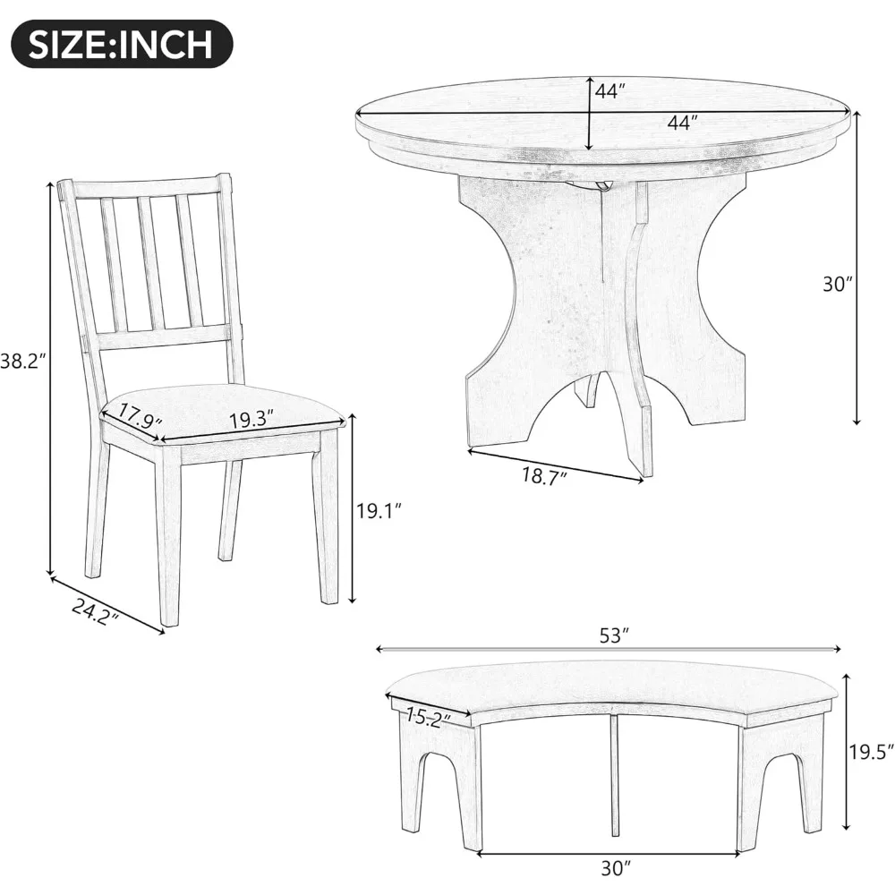 44” Round Dining Table with Upholstered Curved Bench and 3 Upholstered Chairs, 5 Piece Solid Wood Dining Table Set