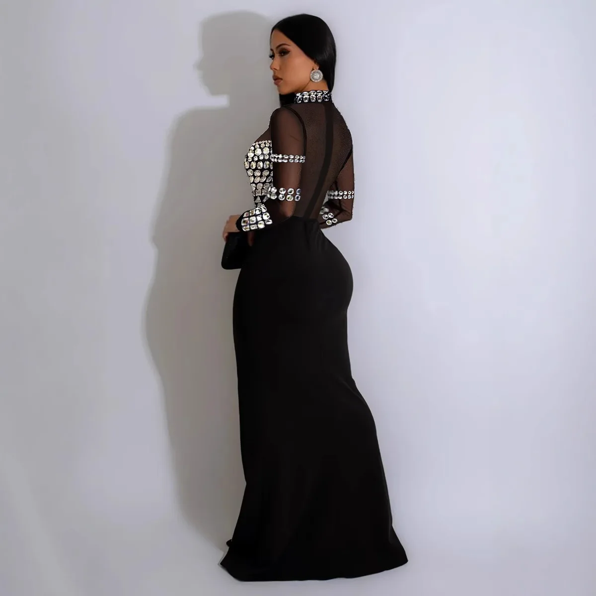 모조 다이아몬드 시스루 원피스 레이디 파티 이브닝 우아한 드레스, 2024 여성 겨울 가을 옷, 럭셔리 섹시 바디콘 롱 드레스