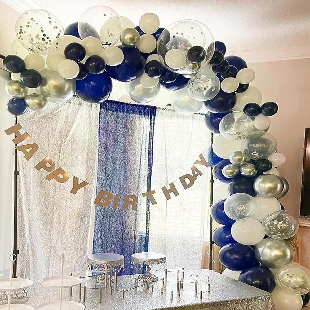 Kit d\'arche de guirxiété de ballons en latex avec confettis, bleu marine, blanc et argent, mariage de remise des diplômes, fête d\'anniversaire pour