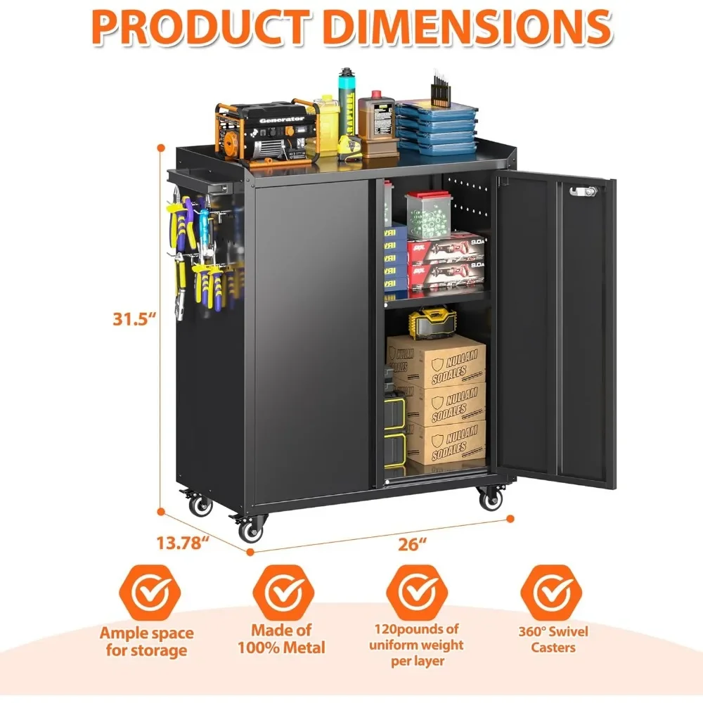 "31.5" Rolling Garage Cabinet - Metal Tool Storage w/Pegboard, 4 Hooks for Home & Workshop Assembly"​