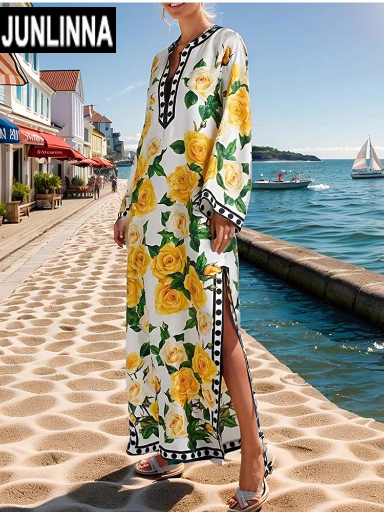 

JUNLINNA Robe Fashion Yellow Rose Flower Printing Dress Party Holiday Women Loose Vestidos Runway Elegant