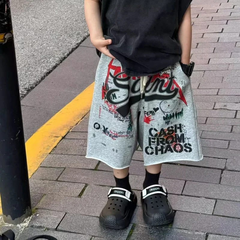 Summer New Korean Edition Boys' Fashion Trendy Cool Versatile Graffiti Casual Sports Pants Children's Stylish Shorts Trendy 2-7Y