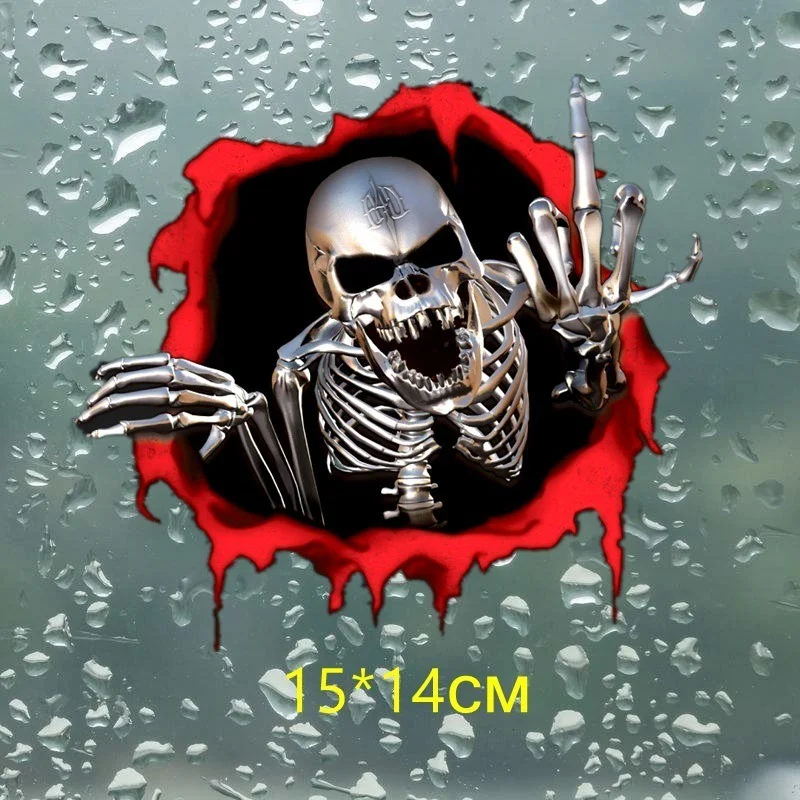 15*14cm 3D Skeleton Skull In The Bullet Hole Car Stickers Funny Colorful Car Stickers Scary Skull Sticker Auto Automobile Decals