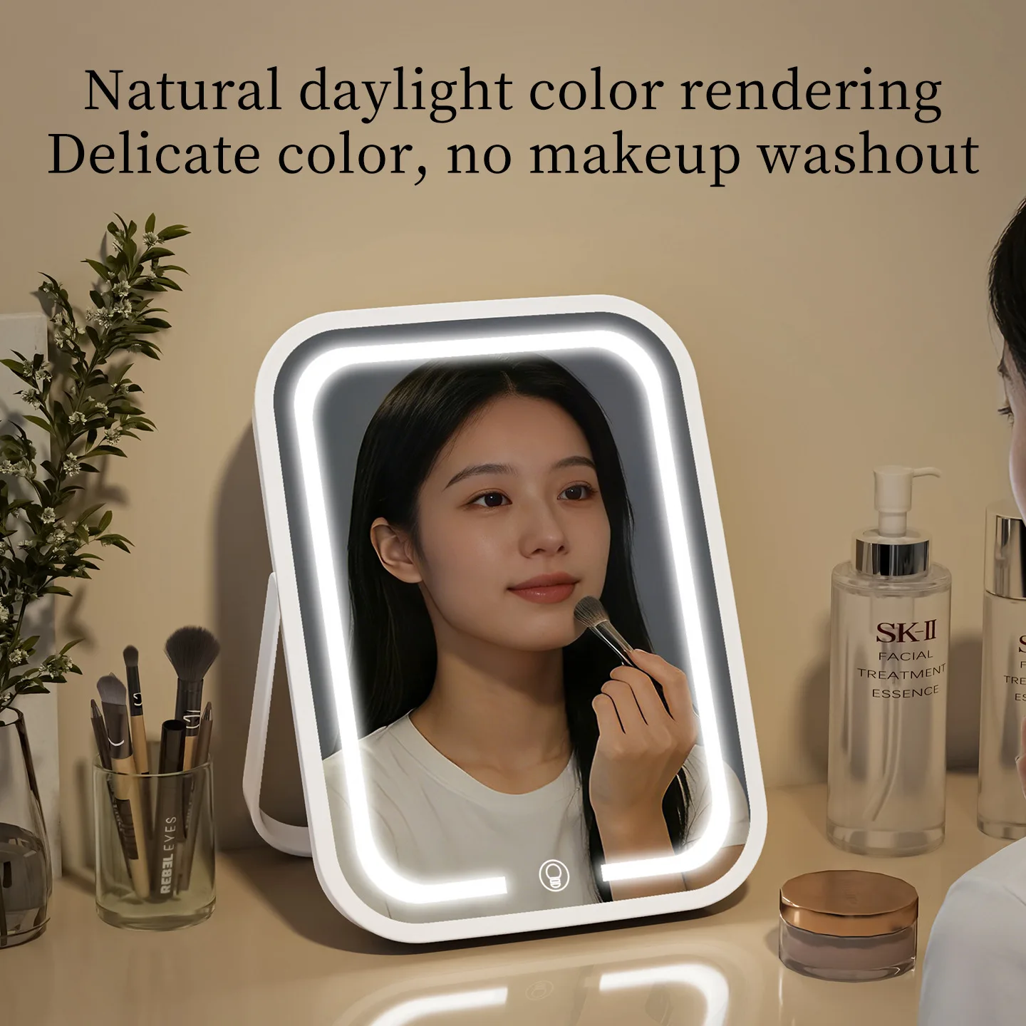 Aesthetic INS LED Makeup Mirror USB Rechargeable Lighted Foldable Portable Wall Hanging Mirror 3 Colors Dimmable for Dorm Desk