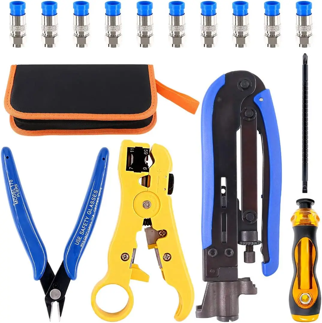 5-in-1 Coaxial Cable Compression Tool Kit with Crimper, Stripper, Screwdriver, Cutter & 10 Connectors for RG6/RG59/RG11