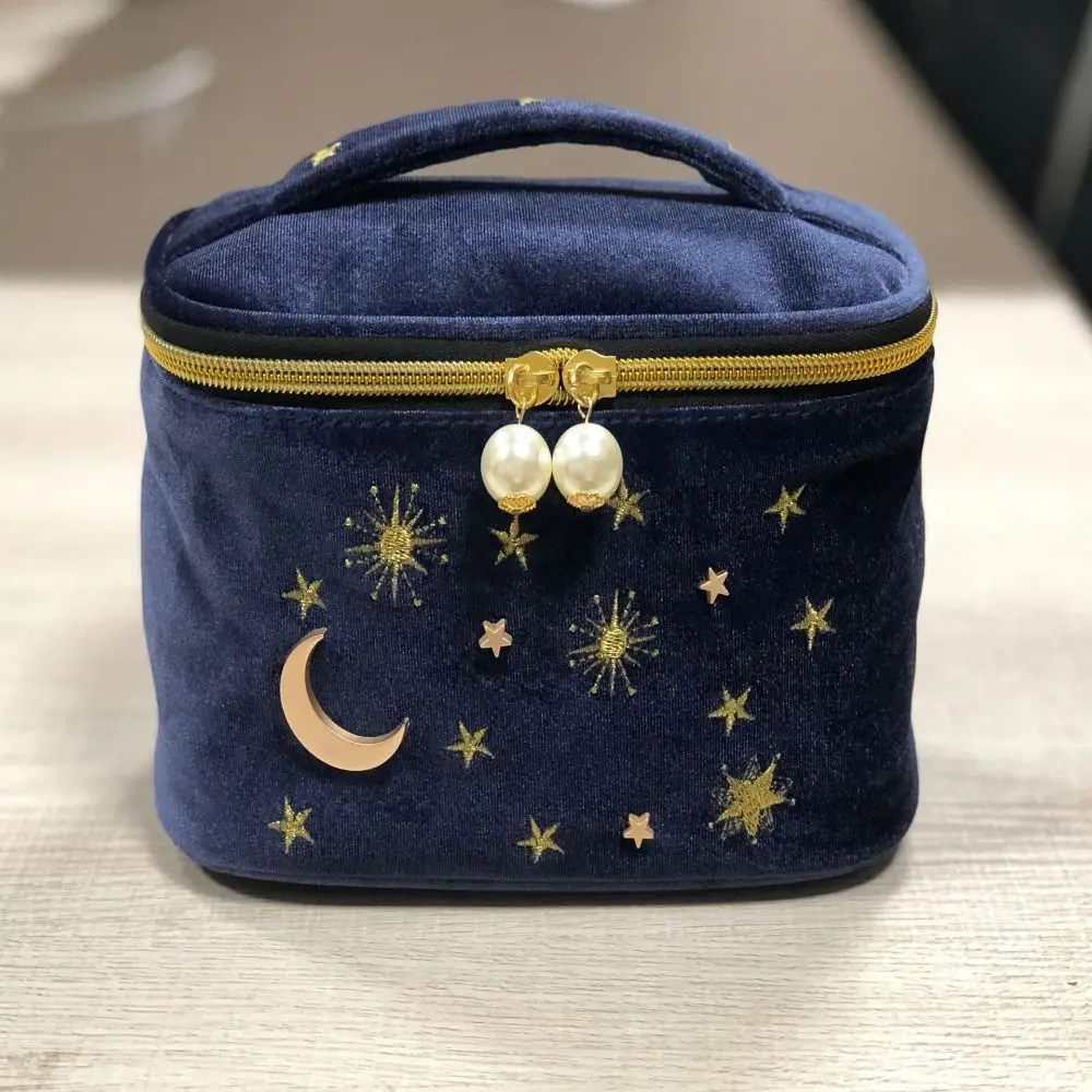 

Japanese Style Velvet Moon Star Cosmetic Bag Embroidery Cute Make Up Pouch Zipper Large Capacity Lipstick Handbag Storage