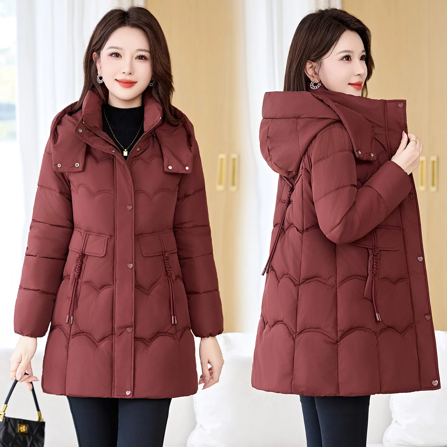 

Съемная шапка, хлопковое тюлевое женское пальто средней длины, корейское пальто для поездок на работу, полиэфирная ткань