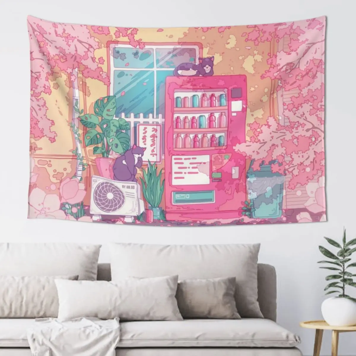 

The stray cats, wending machine and pink cherry blossom Tapestry Room Design Funny Room Decorations Aesthetic Tapestry