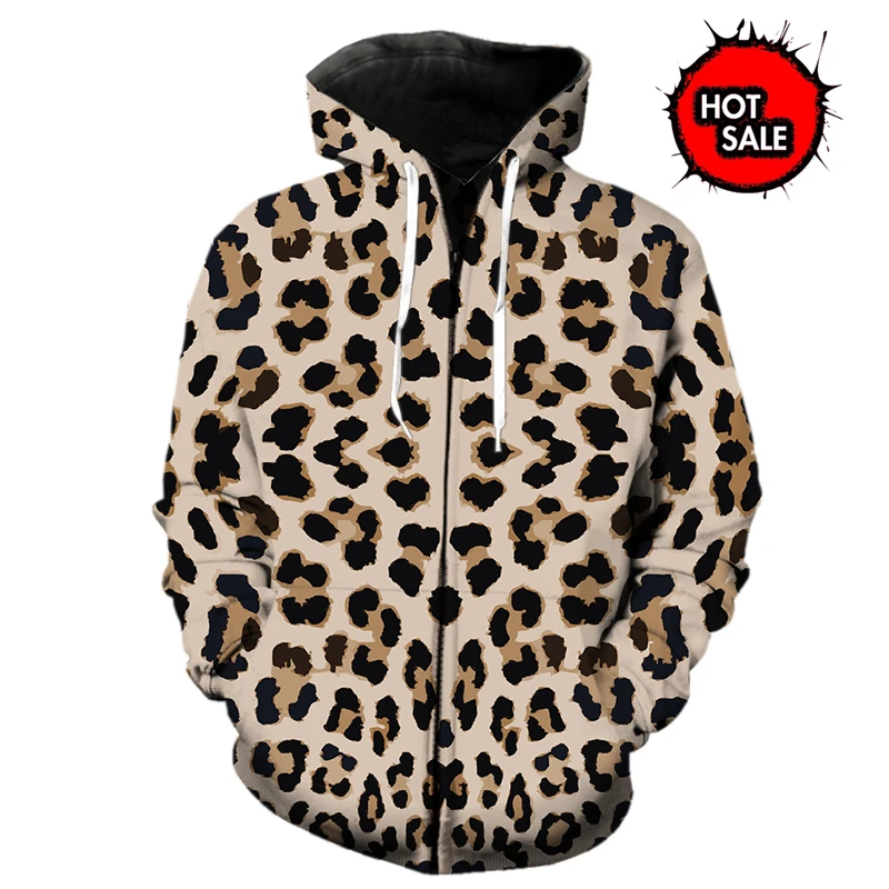 Hot Sale Leopard Print 3D Zip Up Hoodies Men Women Y2k Clothes Casual Zipper Designer Tracksuit Kids Sweatshirt Men's Hoodies