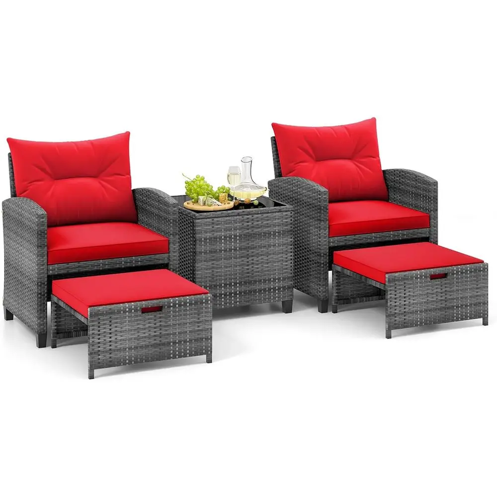 

5 Piece Patio Rattan Furniture, Wicker Cushioned Chairs Set with 2 Ottomans & Tempered Glass Coffee Table, or Poolside, Backyard