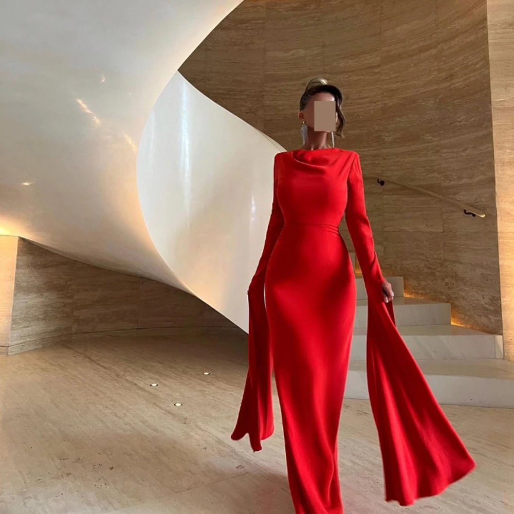 

Customized Yipeisha Elegant Red Jersey Evening Dresses O-neck Long Full Sleeves Sheath Low-Slit Floor Length Formal Pageant Gown