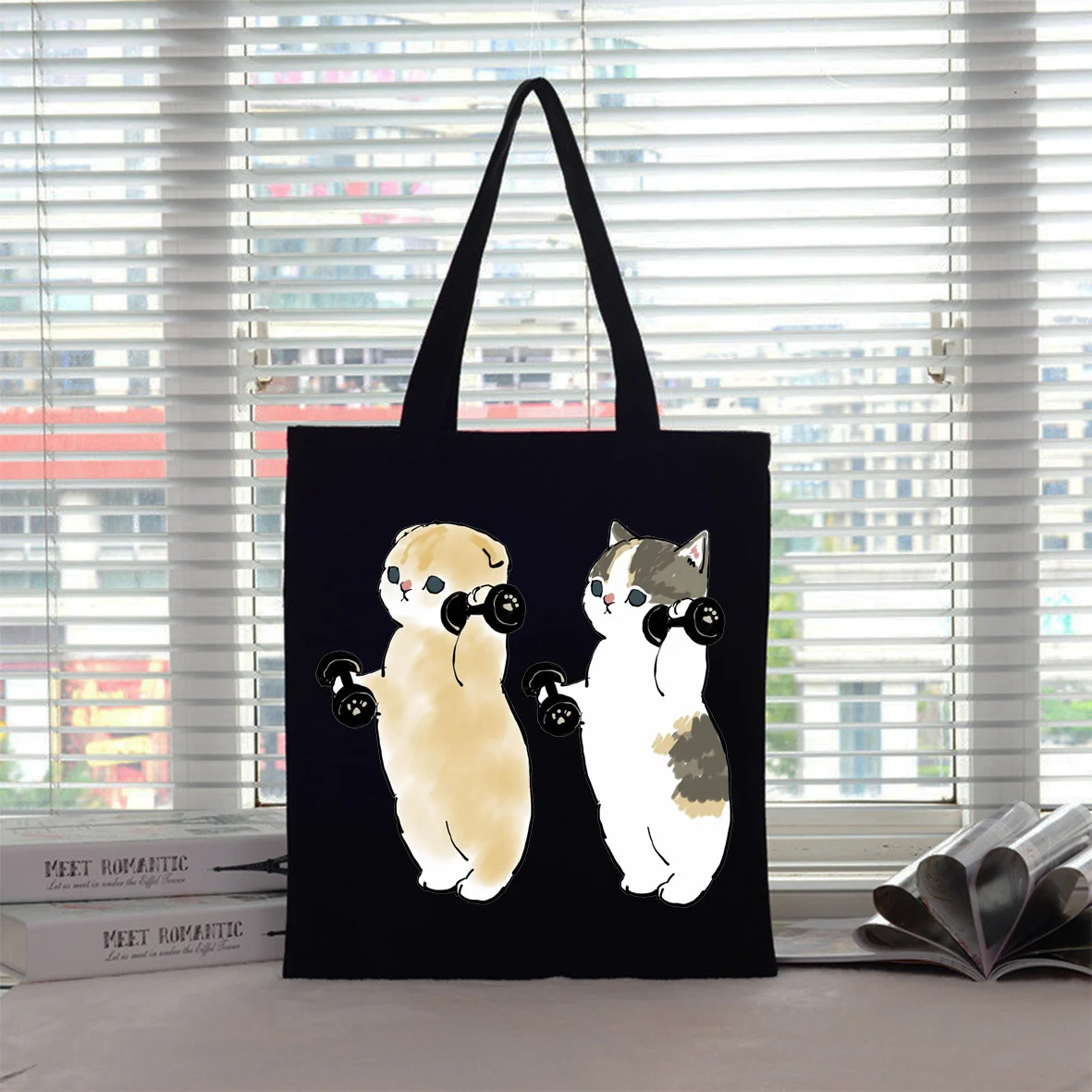 لطيف القط مطبوعة حقيبة قماش قنب حمل حقيبة Harajuku حقيبة كتف حقيبة يد حقيبة تسوق المرأة لطيف هريرة تحت عنوان صديقة للبيئة حقيبة يد #2