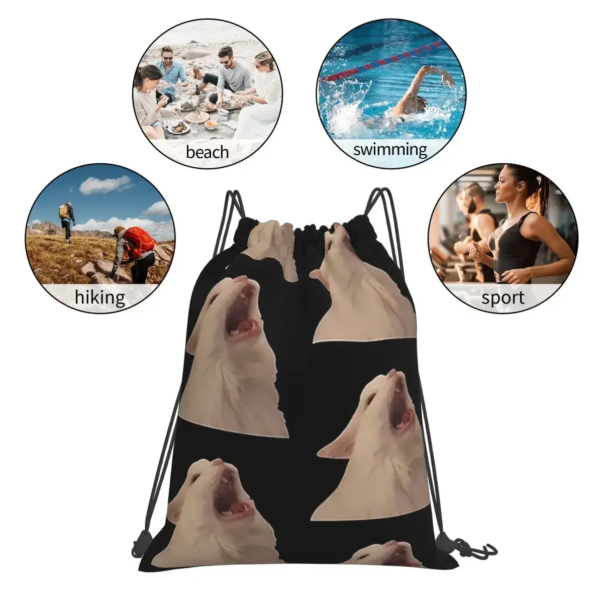 White Cat Screaming Meme Backpacks Portable Drawstring Bags Drawstring Bundle Pocket Storage Bag Book Bags For Travel Students