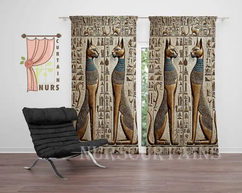 

Egyptian Cat Bastet Curtain Minimal Hieroglyph Design Boho Spiritual Drapes Home Decor